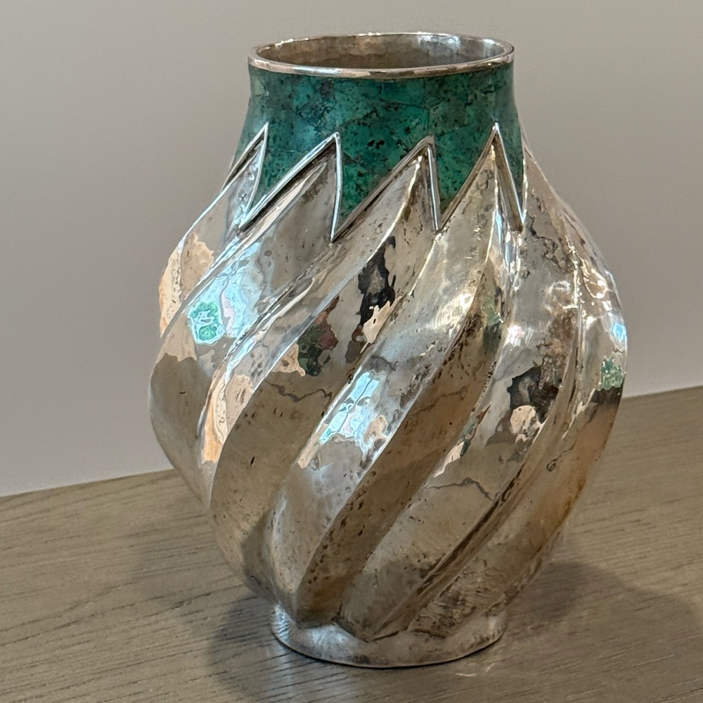 Emilia Castillo Mexico Silver Vase with  Turquise Accent , T0-85 Mexico MR